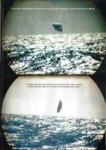 (Top) On this photo, we identify without a doubt a triangular-shaped UFO. It seems to be in trouble. (Bottom) If the order that we have chosen for these pictures is correct, the UFO here seems to now go sideways before plunging into the ocean...