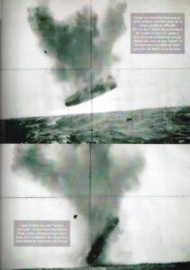 (Top) The craft, which looks a lot like the one in the first picture, seems to be in trouble. Is it on fire? Does it come from the depths of the ocean or is it headed there? Despite the fact that its form perfectly resembles the typical "cigar" shape of UFOs, it is still impossible to distinguish more details of its structure. (Bottom) According to the letter from our "anonymous contact", the submarine was equipped with an analog camera, thus explaining the image overlay (or double exposure?) of the visible graduations (I'm assuming they're talking about the double crosshairs.)