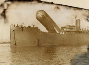 A view of the H.M.S Canning and its observation balloon. CREDIT: National Geographic.