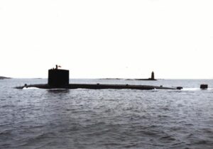 USS Trepang (SSN-674) entering Portsmouth Naval Shipyard, Kittery, Maine. 