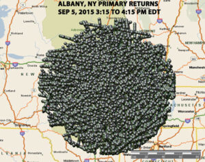 FIGURE THREE – MAP OF ALL PRIMARY RADAR RETURNS ALBANY, NY 9/5/2015. 