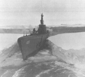 From 10 December 1946 to 13 March 1947, Sennet (SS-408) participated in Operation "Highjump," the third Byrd Antarctic Expedition. USN photo courtesy of Artic Submarine Laboratory, text courtesy of DANFS.