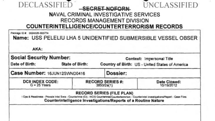 Naval Criminal Investigative Service (NCIS) Documents on Unidentified Submerged Objects or USOs