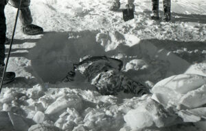 View of one of the bodies discovered by the Soviet authorities. Found buried in the snow, face down.