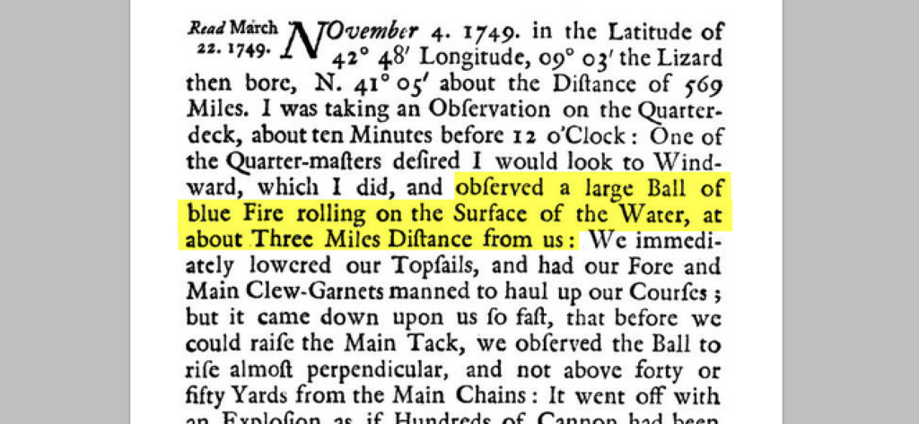 Account of an Extraordinary Fireball Bursting at Sea (1749)