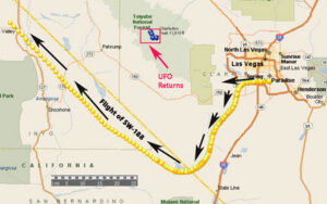 Plot of Flight of Aircraft & Unknown "UFO" Radar Returns to East of Pahrump, Nevada. (Arrows Indicate Airliner Movement & UFO Movement.)