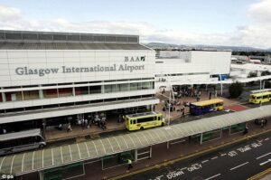 Approach: The plane was 13 miles away from Glasgow Airport (pictured) when it came within seconds of colliding with the unidentified object