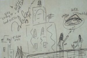 Saucer: The drawing seems to detail New York alien encounter