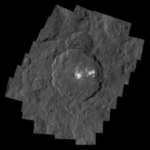 Occator Crater, measuring 57 miles (92 kilometers) across and 2.5 miles (4 kilometers) deep, contains the brightest area on Ceres. Credits: NASA/JPL-Caltech/UCLA/MPS/DLR/IDA/PSI