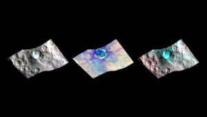 Ceres' Haulani Crater (21 miles, 34 kilometers wide) is shown in these views from the visible and infrared mapping spectrometer (VIR) aboard NASA's Dawn spacecraft. Credits: NASA/JPL-Caltech/UCLA/ASI/INAF