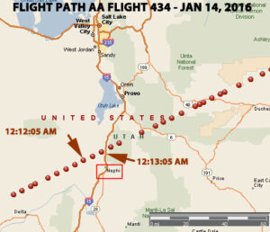 RADAR FLIGHT PATH OF AA FLIGHT 434 OVER UTAH JUST AFTER MIDNIGHT ON JAN 14, 2016.