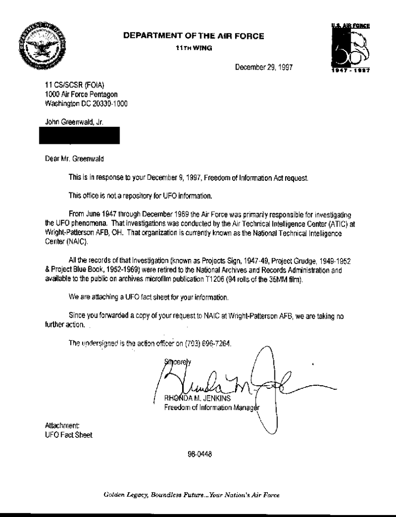 FOIA Response letter, dated December 29, 1997, from the United States Air Force to John Greenewald, Jr.