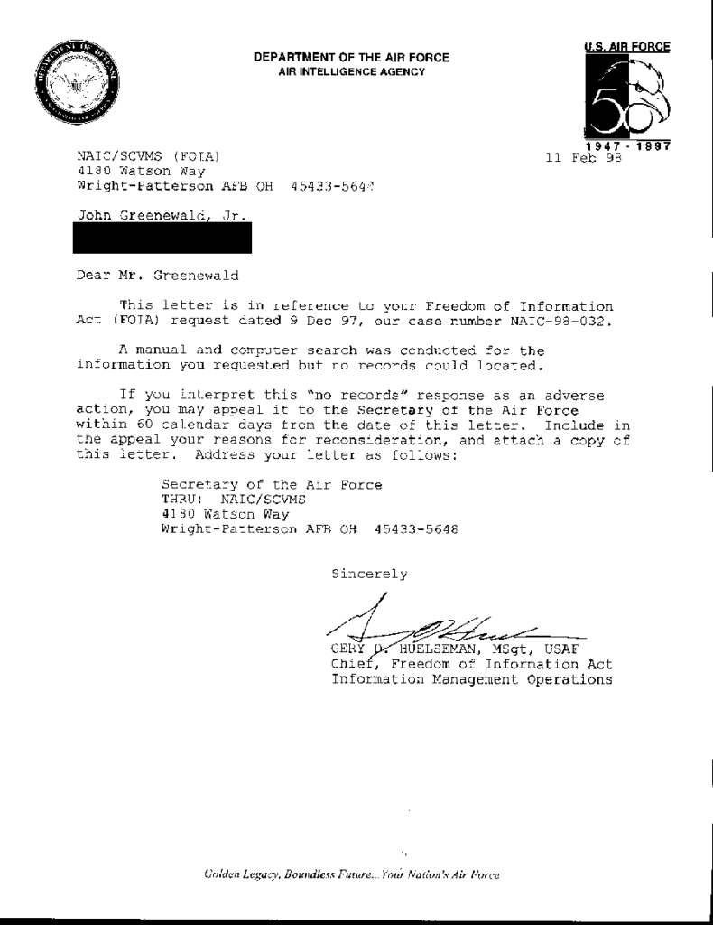 Final response from Wright Patterson Air Force Base, as received by John Greenewald, Jr. WPAFB claims they had "no records" on Project Tobacco.
