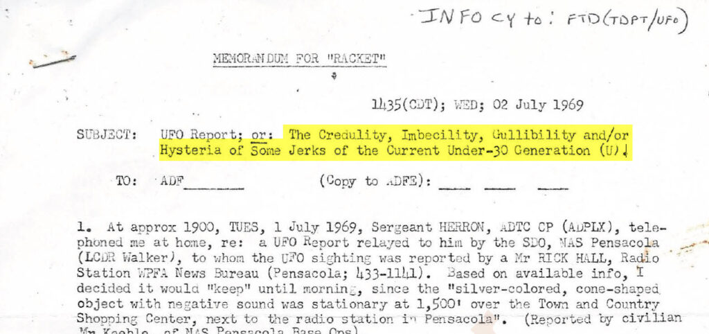 From the Desks of Project Blue Book: Pensacola, Florida Case File – 1 July 1969