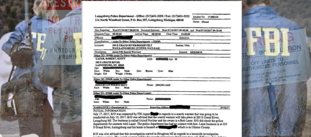 Documents on 2017 Bob Lazar / United Nuclear Raid – Laingsburg Police Department