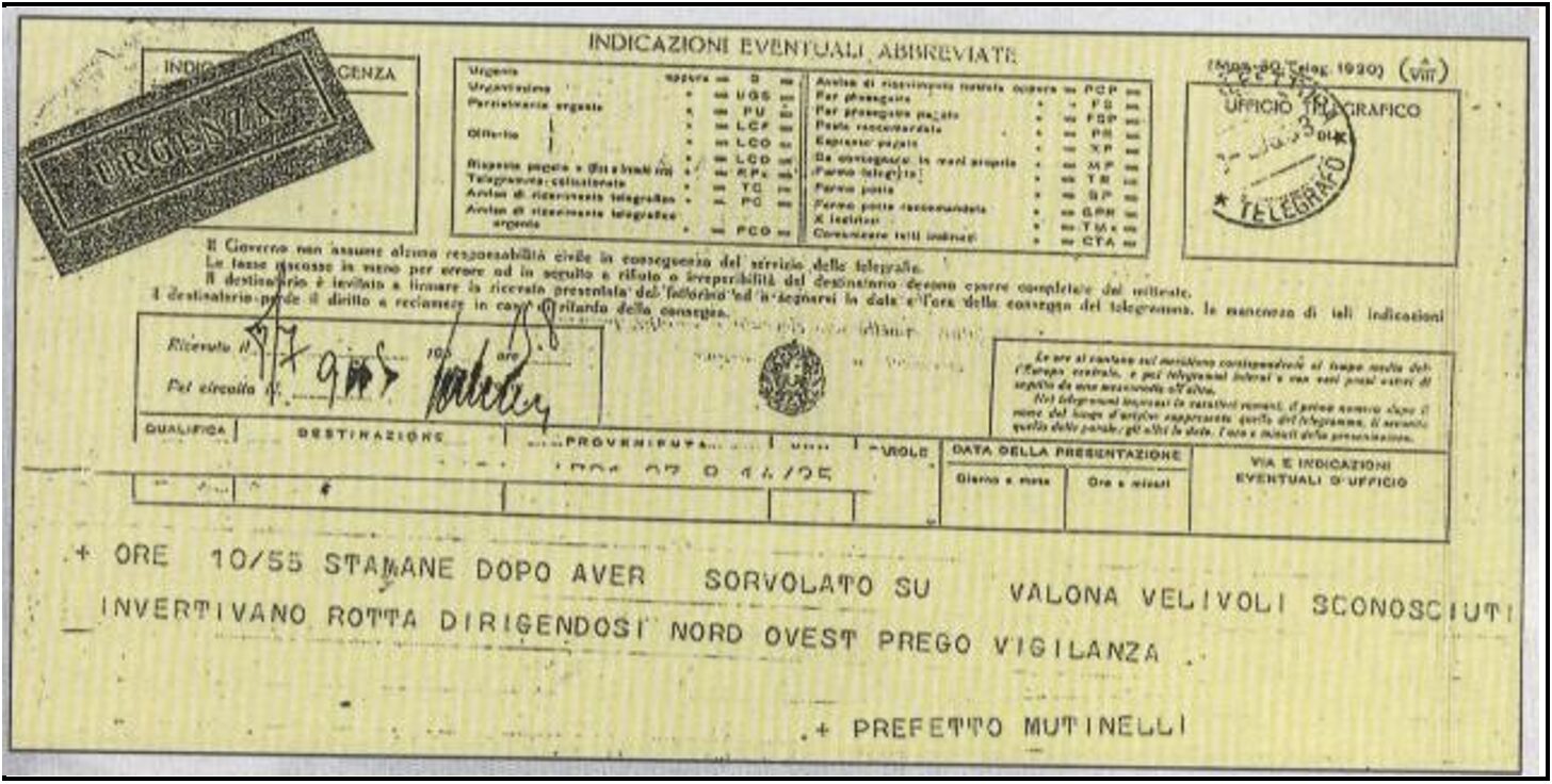 Milanon prefektuurin arkistosta on peräisin useita kopioita Italian kuningaskunnan prefektuurien vuosina 1933-1938 hallitukselle lähettämistä sähkeistä, joissa mainitaan raportteja "epätavanomaisista lentävistä ajoneuvoista" ja osoitetaan Italian viranomaisten kiinnittäneen virallisesti huomiota ongelmaan. Tässä prefekti Mutinellin allekirjoittamassa sähkeessä mainitaan "tuntemattomien lentävien ajoneuvojen" esiintyminen Valonan yllä Albaniassa, joka oli Italian hallinnassa (ennen toista maailmansotaa Victor Emanuel III oli Italian ja Albanian kuningas ja Etiopian keisari).
