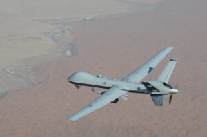 An MQ-9 Reaper unmanned aerial vehicle flies a combat mission over southern Afghanistan.