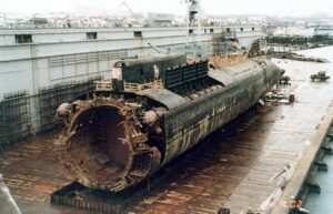 Wrecked hull of Kursk after it was raised a year later.