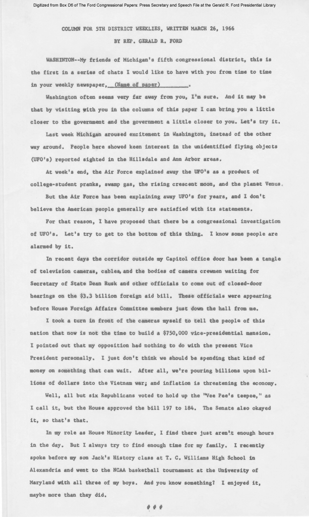 This is a scan of the original document, as obtained from the Gerald Ford Presidential Library. The original documents are located in Box D6, folder “Ford Press Releases - Column for 5th District Weeklies, 1966” of the Ford Congressional Papers: Press Secretary and Speech File.