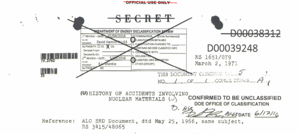 Summaries of Nuclear Weapon and Material Accidents – Department of Energy – National Nuclear Security Administration