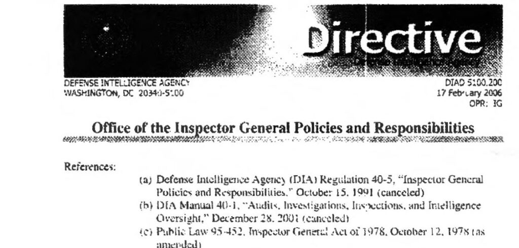 Defense Intelligence Agency (DIA) Directive 5100.200, 17 February 2006 – Office of the Inspector General Policies and Responsibilities