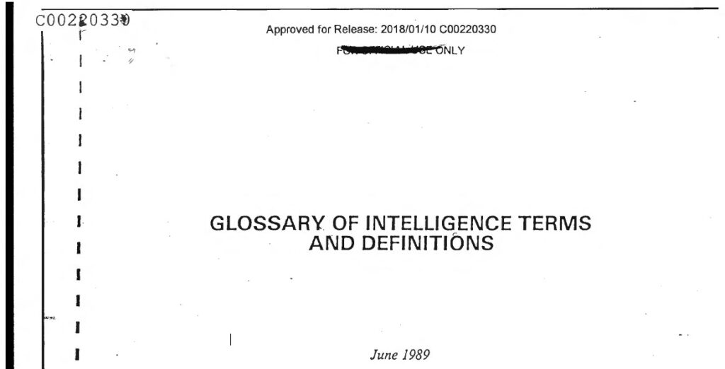 Glossary of Intelligence Terms and Definitions, Published June of 1989
