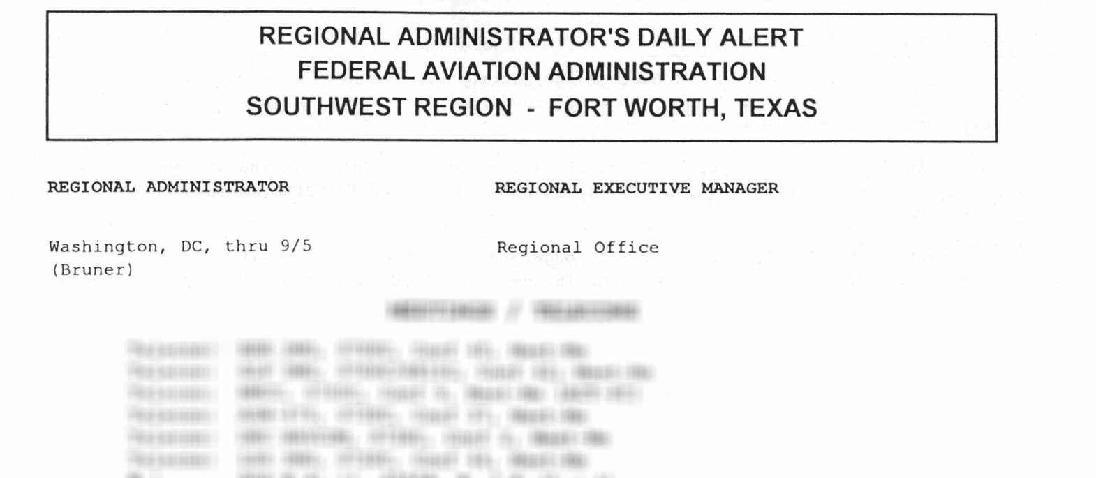 FAA Southwest Region’s “Regional Administrator’s Daily Alert” Logs